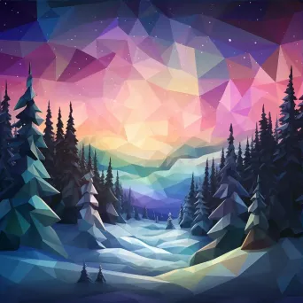 Low poly depiction of a wintry northern lights display over a pristine snowscape with distant pines - Image 3