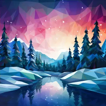 Low poly depiction of a wintry northern lights display over a pristine snowscape with distant pines - Image 4