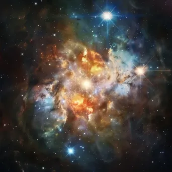 Luminous star in a cosmic backdrop with colorful nebulae and distant galaxies - Image 4