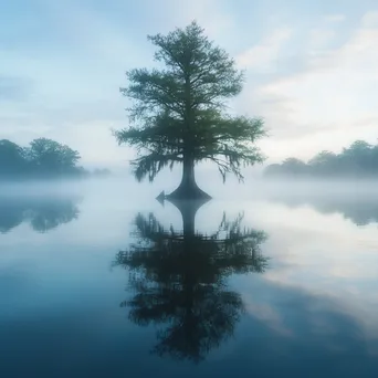 Cypress tree reflection in calm dawn waters - Image 1