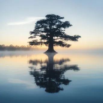 Cypress tree reflection in calm dawn waters - Image 2