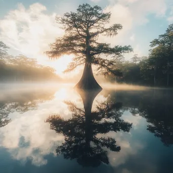 Cypress Tree Reflecting in Dawn Waters