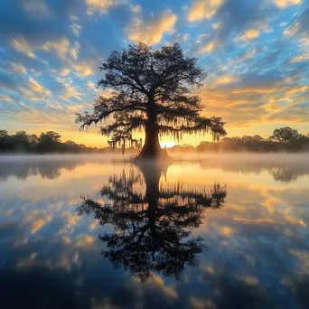 Cypress tree reflection in calm dawn waters - Image 4