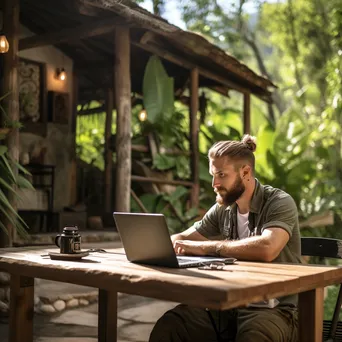 Digital Nomad at Rustic Outdoor Table