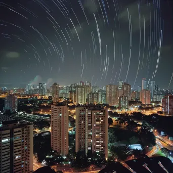 Star trails streaking across the sky above a vibrant city skyline - Image 3