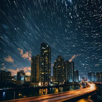 Star trails streaking across the sky above a vibrant city skyline - Image 4