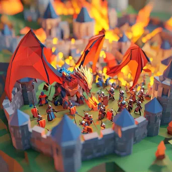 Low poly isometric view of an epic medieval battle with knights and dragons - Image 1