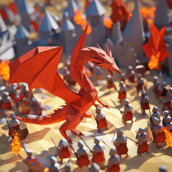 Low poly isometric view of an epic medieval battle with knights and dragons - Image 2