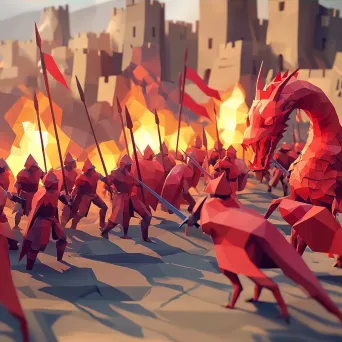 Low poly isometric view of an epic medieval battle with knights and dragons - Image 3