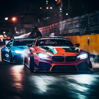 Cars racing at night illuminated by colorful track lights - Image 1