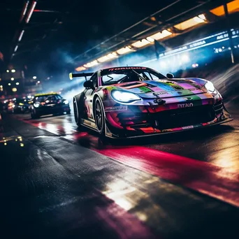 Cars racing at night illuminated by colorful track lights - Image 3