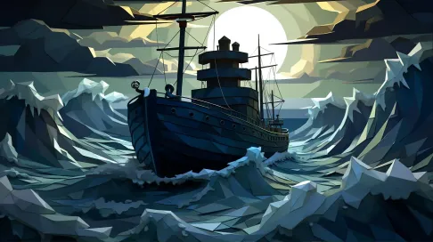 Low poly cargo ship on a stormy sea, reflects gothic seafaring aesthetics - Image 1