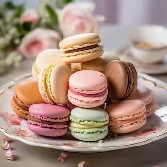 Delicate French macarons in assorted flavors on a porcelain plate - Image 1