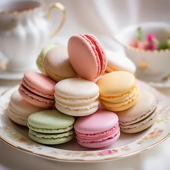 Delicate French macarons in assorted flavors on a porcelain plate - Image 2