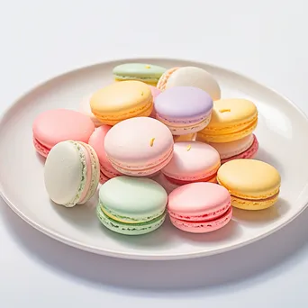 Delicate French macarons in assorted flavors on a porcelain plate - Image 3