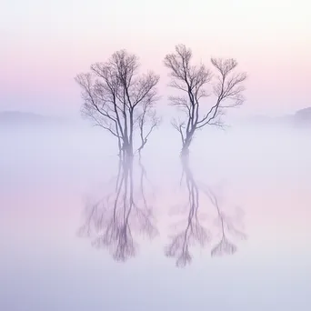 Misty lake with silhouetted trees at dawn - Image 1