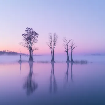 Misty lake with silhouetted trees at dawn - Image 3