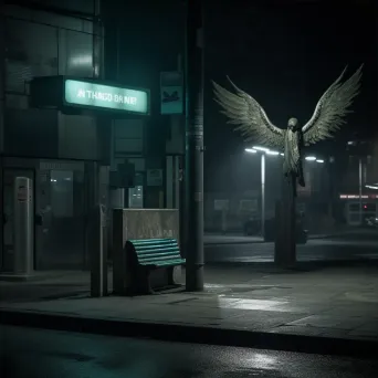 Angel at a grimy bus station under a dim street lamp at night - Image 3