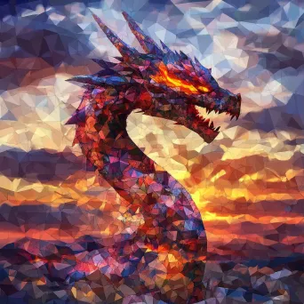 Low poly vibrant dragon breathing fire under a twilight sky - Image 1