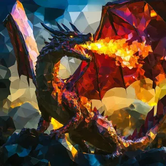 Low poly vibrant dragon breathing fire under a twilight sky - Image 3