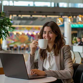 A smiling businesswoman with a coffee and laptop at an airport café - Image 2