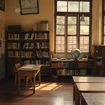 Empty traditional classroom with desk and bookshelves. - Image 1