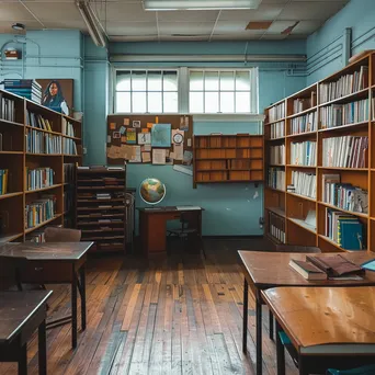 Empty traditional classroom with desk and bookshelves. - Image 2