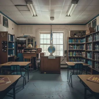Empty traditional classroom with desk and bookshelves. - Image 4