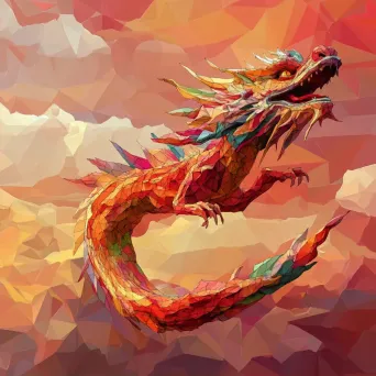 Colorful low poly Chinese dragon flying through a vibrant, crimson sky - Image 2