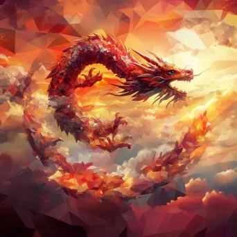 Colorful low poly Chinese dragon flying through a vibrant, crimson sky - Image 3