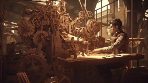 Sepia-toned low poly steampunk inventor at a workbench - Image 3