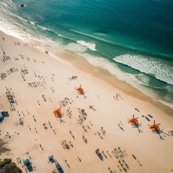 Beach aerial view with helicopters providing surveillance, coastline scene - Image 1