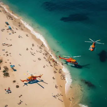 Beach aerial view with helicopters providing surveillance, coastline scene - Image 2