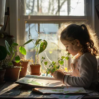 Elementary student documenting a plant growth experiment in sunlight. - Image 1