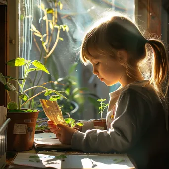 Elementary student documenting a plant growth experiment in sunlight. - Image 2