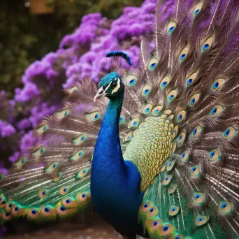 Peacock with vibrant plumage in a botanical garden - Image 1