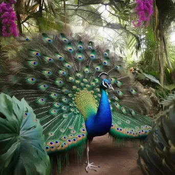 Peacock with vibrant plumage in a botanical garden - Image 2