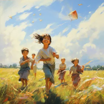 Children flying kites on sunny day in open field - Image 4