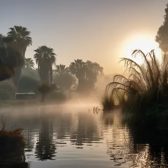 Morning mist over a desert oasis - Image 3