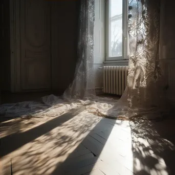 Intricate lace curtain shadows on a sunlit floor - Image 4