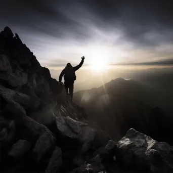 Person reaching a mountaintop with sunrise in the background - Image 2