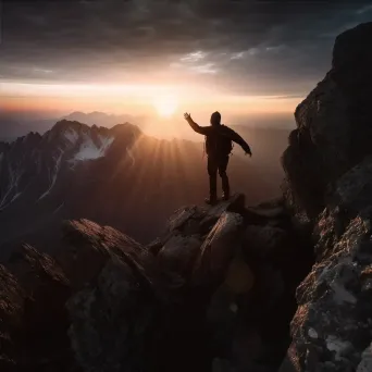 Person reaching a mountaintop with sunrise in the background - Image 4