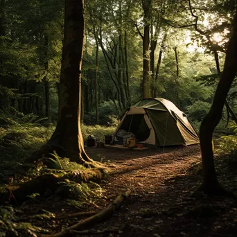 Overgrown tent in an abandoned campsite surrounded by trees and grass - Image 2