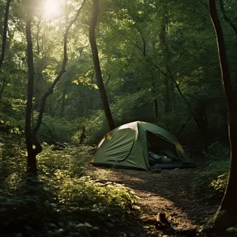 Overgrown tent in an abandoned campsite surrounded by trees and grass - Image 3