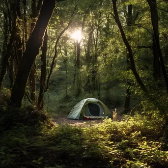 Overgrown tent in an abandoned campsite surrounded by trees and grass - Image 4