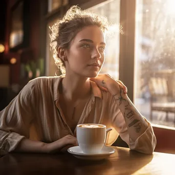 Young woman savoring a latte art in a sunlit café. - Image 2