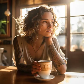 Young woman savoring a latte art in a sunlit café. - Image 3