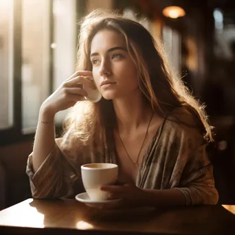 Young woman savoring a latte art in a sunlit café. - Image 4