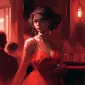 Intriguing illustration of a woman in a red dress in a smoky jazz club - Image 3