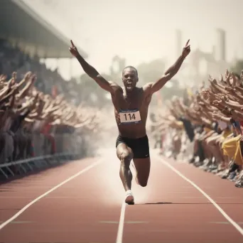 Sprinter crossing the finish line in victory with a cheering crowd. - Image 1